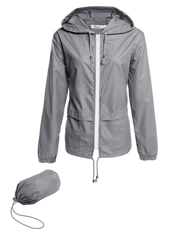 Hount Women's Lightweight Hooded Windbreaker Waterproof Packable Active Outdoor Rain Jacket (L, Gray) - Image 1